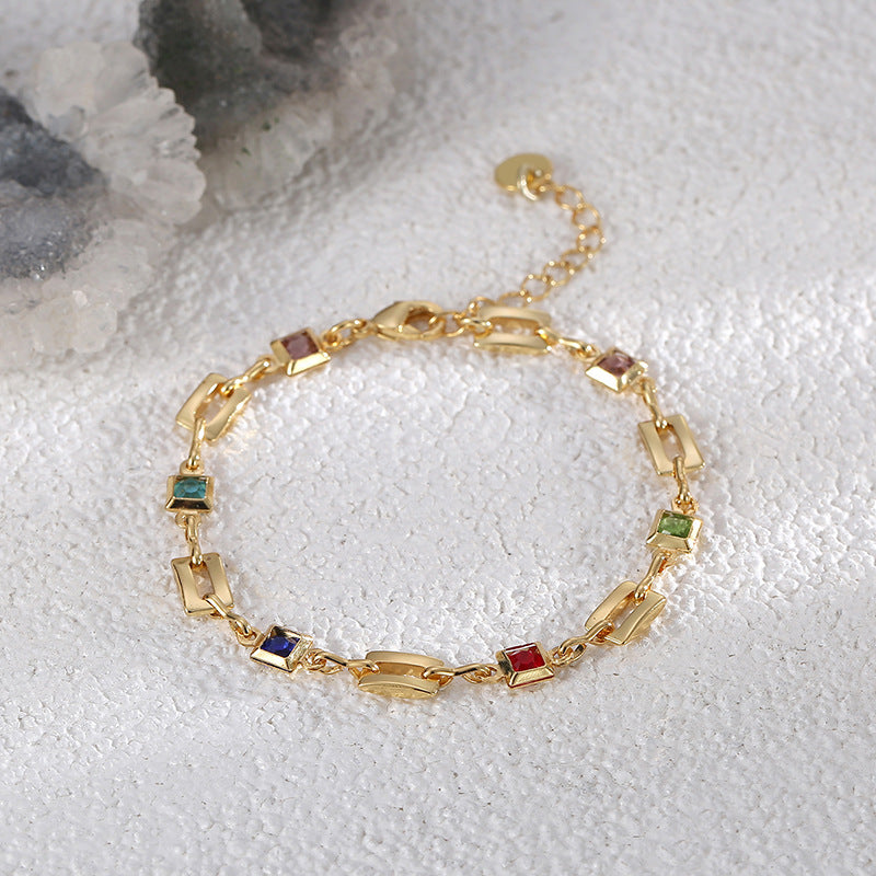 B0139 New Fashion Retro Colorful Stone Bracelet for Women Geometric Multicolor Brass Gold Plated
