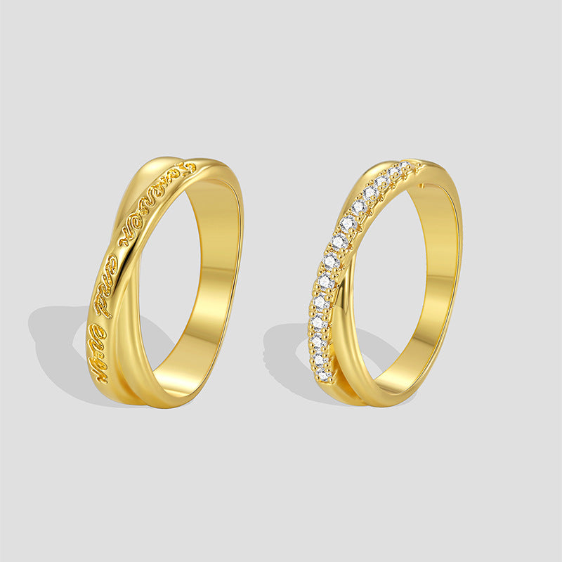 R0536 Fashion Creative Design Letter Print Zircon Ring for Women Brass Gold-Plated Simple Set Ring