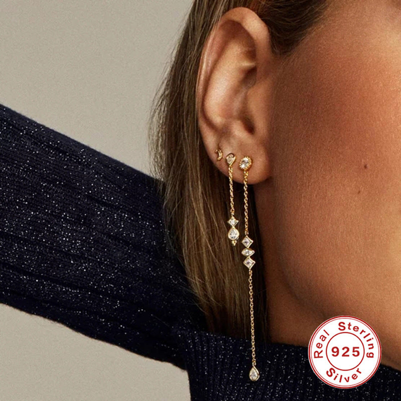 S925Sterling Silver Tassel Chain Inlaid Diamond Earrings Studs Ear Lines Japanese and Korean Ear Jewelry