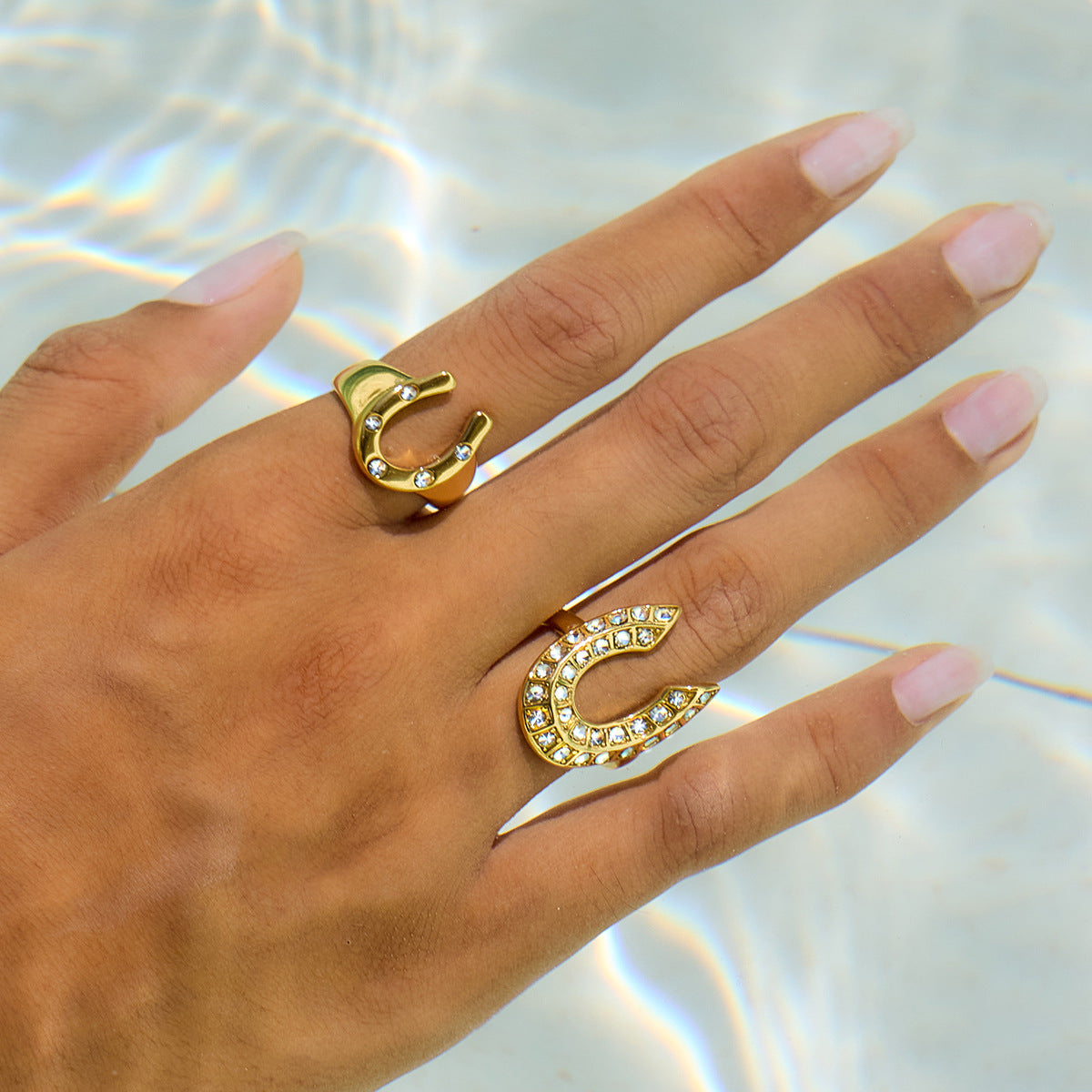 2H18K Gold and White Diamond Horseshoe-shaped Open Ring Non-fading Stainless Steel Jewelry ring