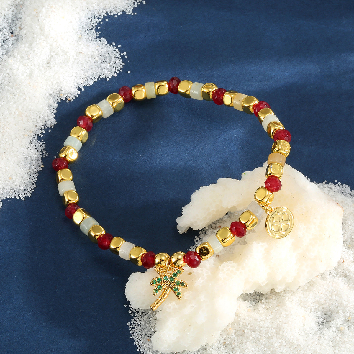 B0271 Bohemian Beach Coconut Tree Shape Chalcedony Stone Beaded Vintage Bracelet