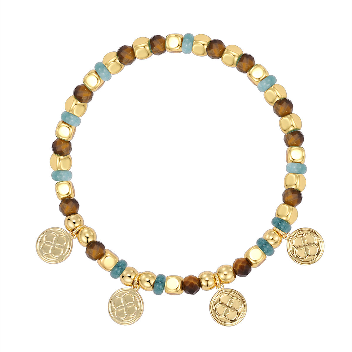 B0279 Round Beaded Bohemian Vintage Chalcedony Tiger Eye Stone Bracelet Trendy