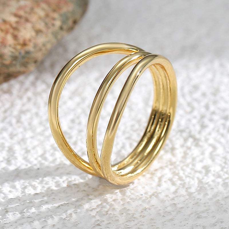 R0113 Minimalist Cold Three-Layer Brass Gold-Plated Ring for Women Retro Fashion