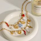 Stainless Steel Pearl Heart Necklace Oil Drop Collarbone Chain Jewelry