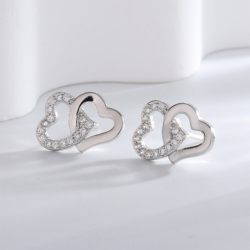 S0007  Korean Fashion Elegant Double Heart Bracelet Necklace Earrings Ring Four-Piece Set White gold Jewelry Set