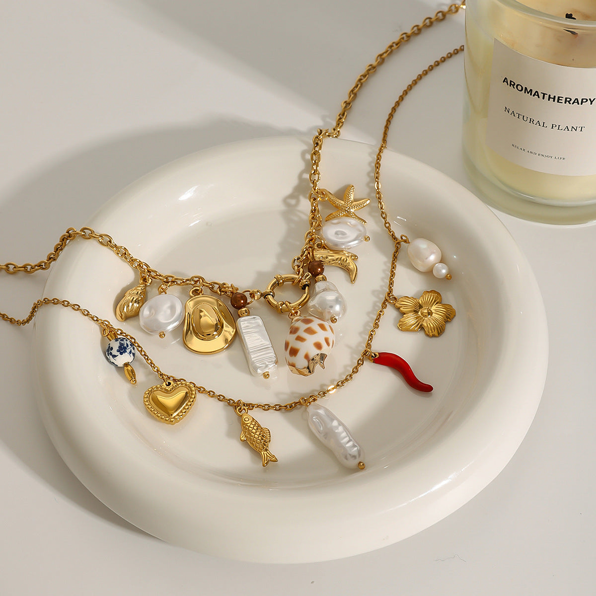 Stainless Steel Pearl Heart Necklace Oil Drop Collarbone Chain Jewelry