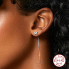 S925Sterling Silver Butterfly Inlaid Diamond Chain Tassel Earrings Stud Earrings Korean Style Fairy Outfit Earrings