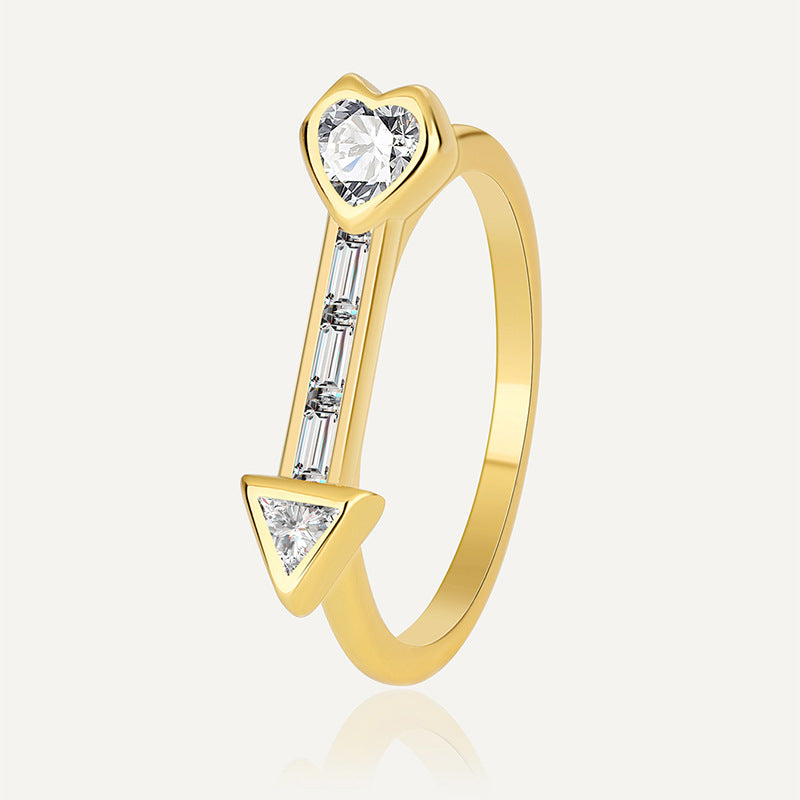 R0315 Simple Cupid's Arrow Zircon Ring for Women, Copper Plated with Real Gold, Vintage Versatile Heart-shaped Ring