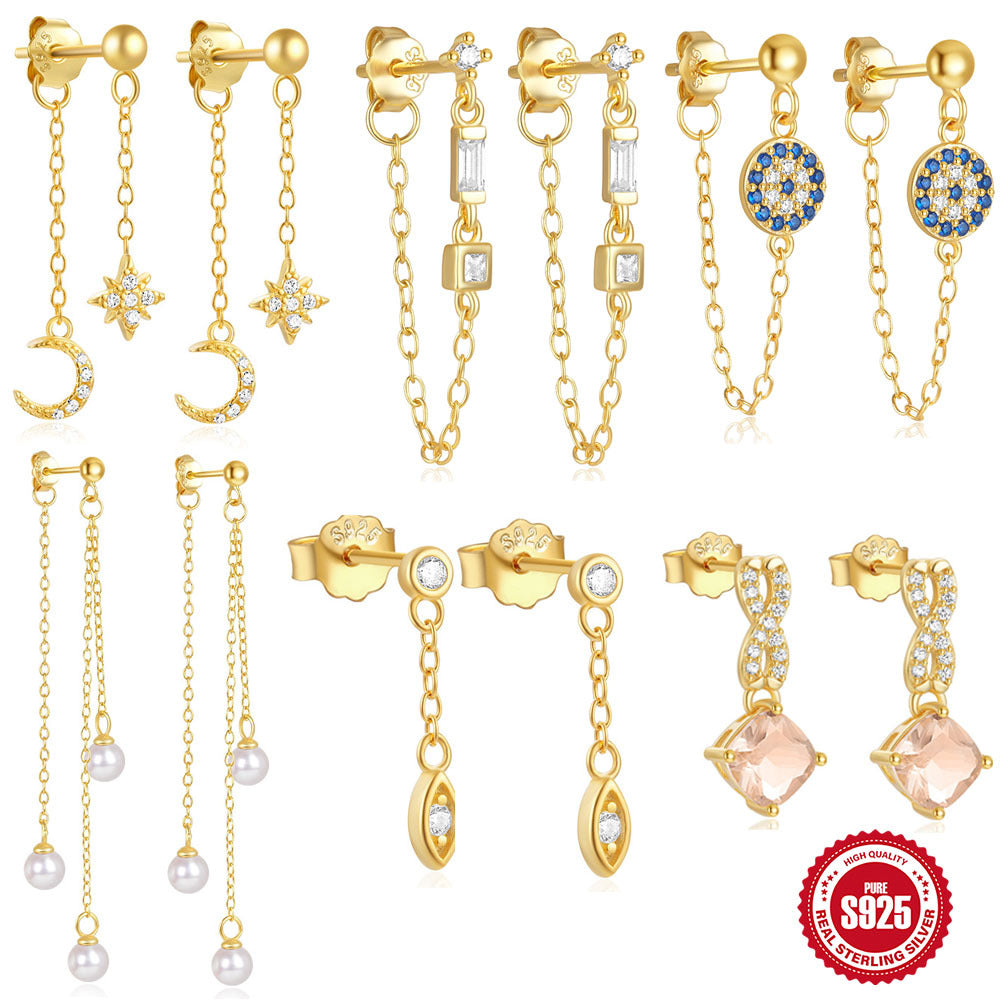 S925Sterling Silver Inlaid Diamond Pearl Tassel Chain Earrings Studs Hot-Selling Geometric Star Moon High-End Ear Jewelry