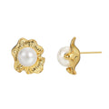 Gold-Plated Brass Floral Shell-Pearl Stud Earrings — front view — jewelry finish and design detail