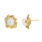 E0552 Little Chanel Style gold Flower Inlaid Pearl Earrings for Women Elegant Design Stud Earrings