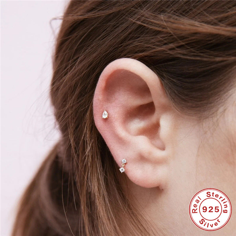 S925Sterling Silver Diamond-Studded Body Piercing Flat Head Threaded Ear Bone Stud Korean Style Geometric Minimalist Earrings for Women