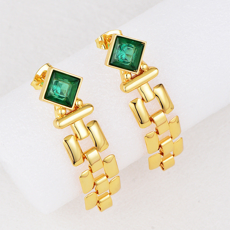 E0628 Fashion Elegant Design Square Emerald Zircon Stud Earrings for Women Copper Gold Plated Long Earrings