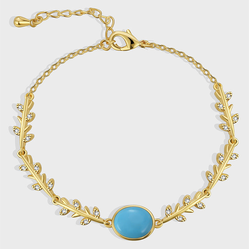 B0162  Korean Version of Mori Style Small Country Style casual and fashionable Oval Turquoise Bracelet for Women gold Branch Zircon