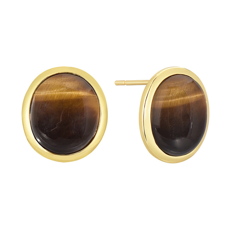 E0690 Melard Color Series Round Tiger Eye Stone Earrings for Women Vintage Simple Gold-Plated Ear Jewelry