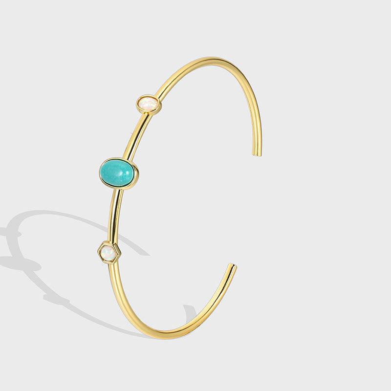 B0085 Geometric Minimalist Inlaid Opal Bracelet for Women Fashion Retro Turquoise Adjustable Open Bangle