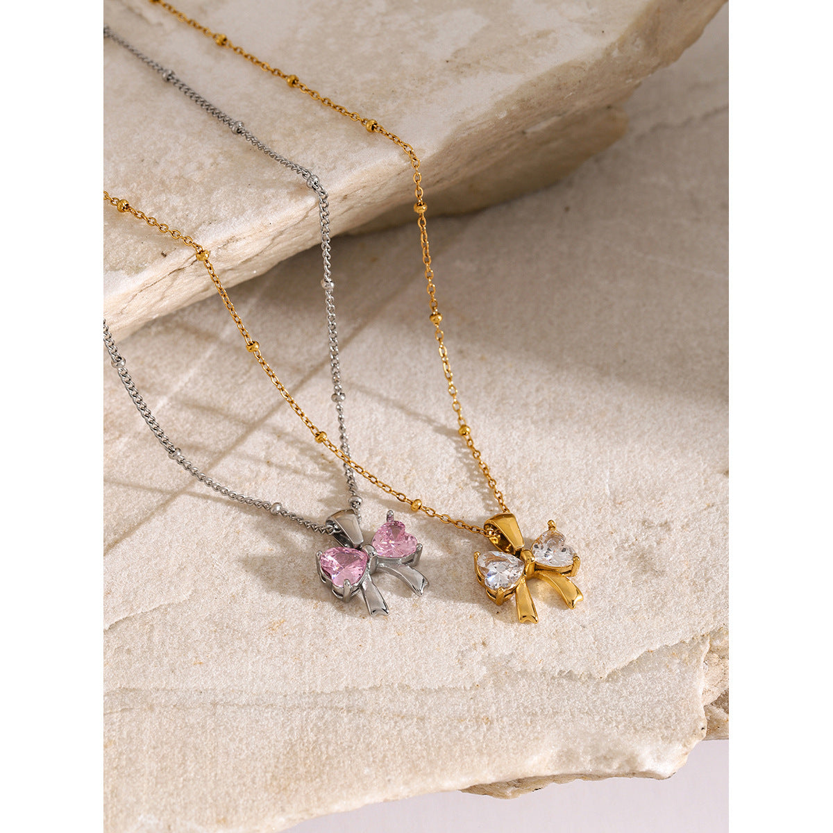 2H Original Style 18k Gold Stainless Steel/Bow White Zircon Pendant Necklace 40+5cm