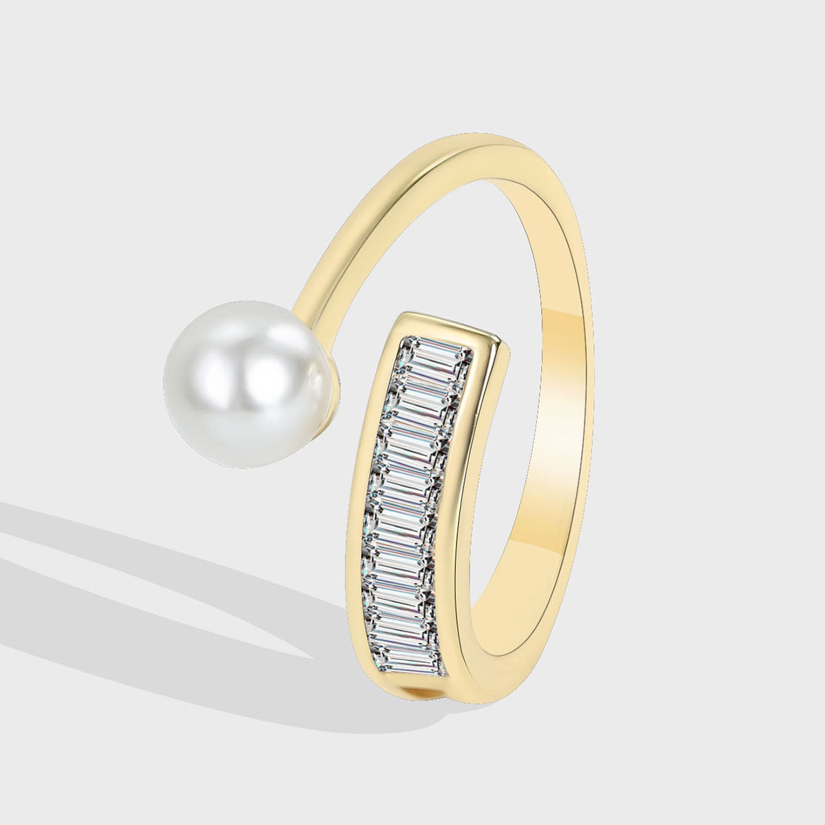 R0065 Ladder Cubic Zirconia Pearl Open18K Gold Electroplated Ring Women's Fashion Shell Pearl Ring