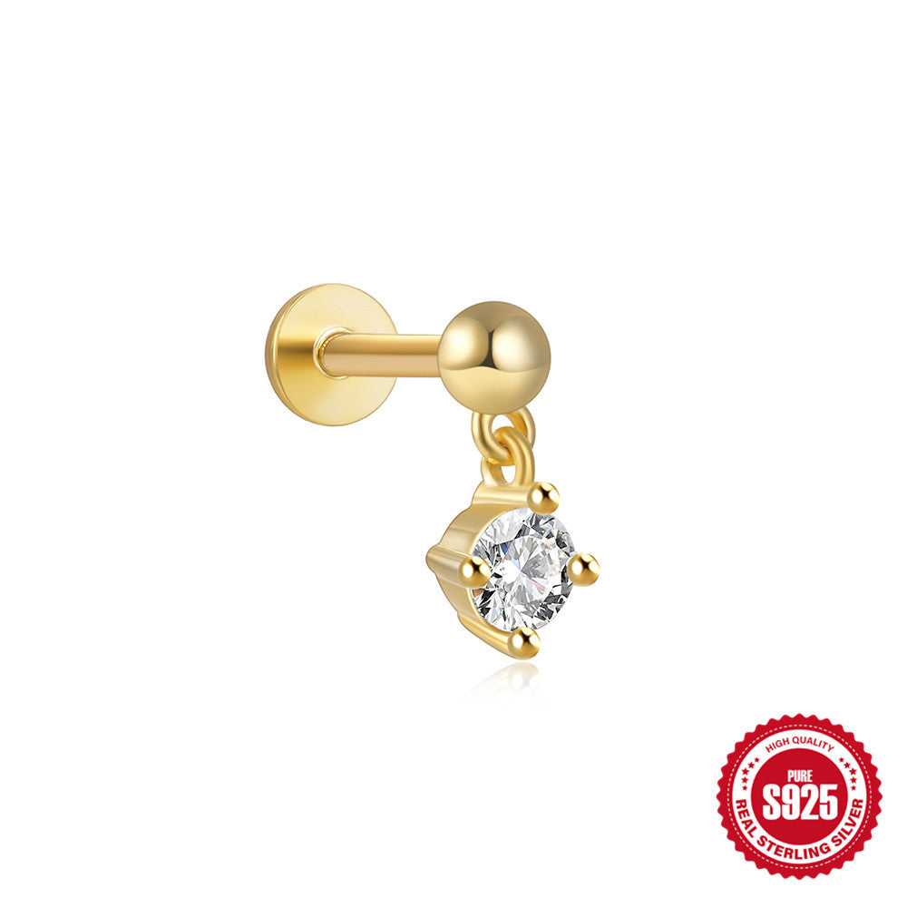 S925Sterling Silver Geometric Star Inlaid with Diamonds Fashion Flat Head Piercing Threaded Ear Bone Stud New Hot-Selling Earrings for Women