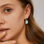 E0365 New Chinese Style Simple Oval Glass Stud Earrings Copper Plated Real Gold Inlaid Blue Zircon Earrings Vintage