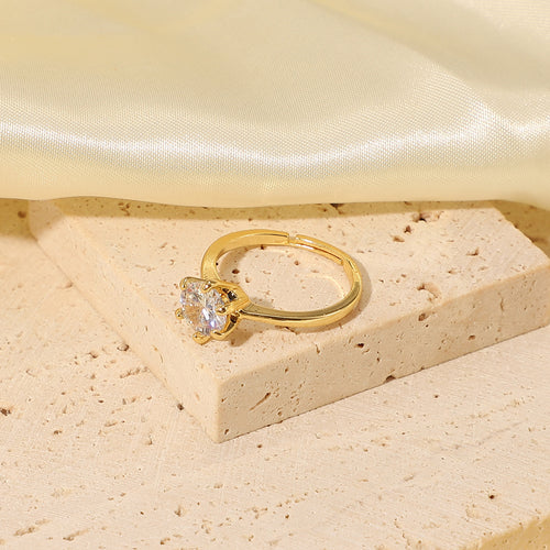 18K Gold-Plated Brass Round CZ Adjustable Ring in a gold-tone brass finish