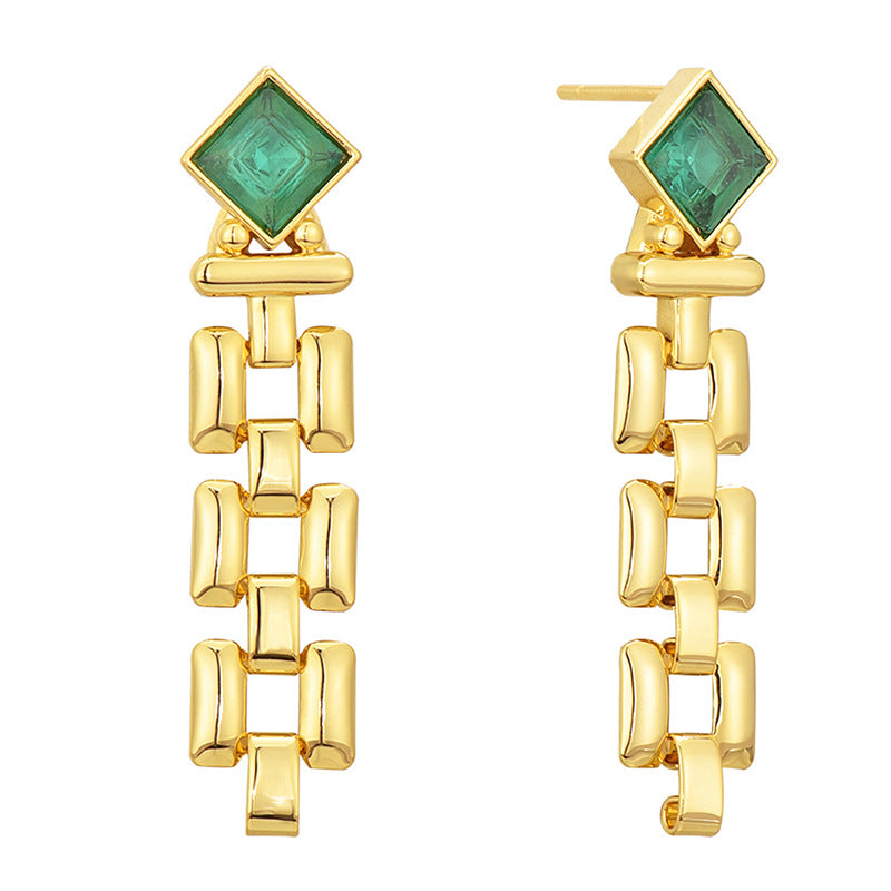 E0628 Fashion Elegant Design Square Emerald Zircon Stud Earrings for Women Copper Gold Plated Long Earrings