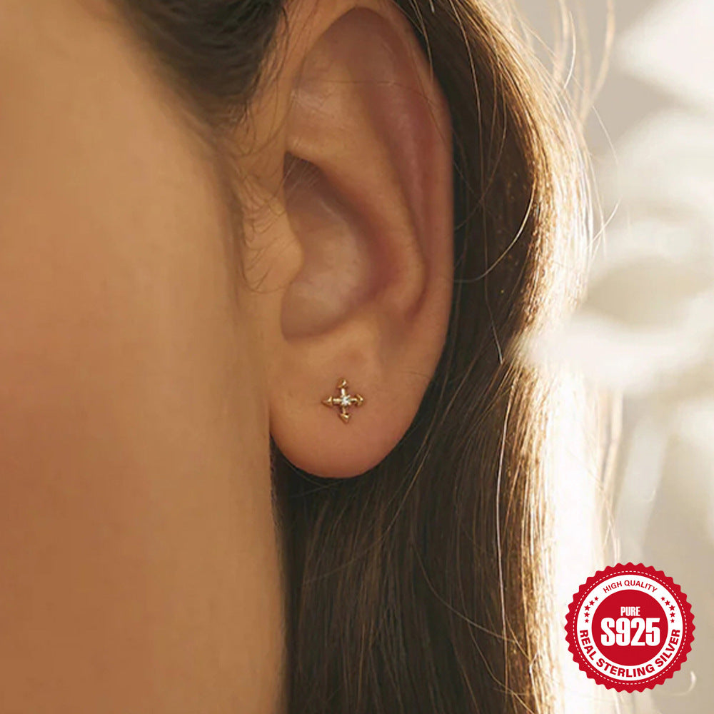 New925Sterling Silver Flat Threaded Piercing Stud Earrings Hot Sale Fashion Round Ball Inlaid Diamond Ear Bone Stud Earrings for Women