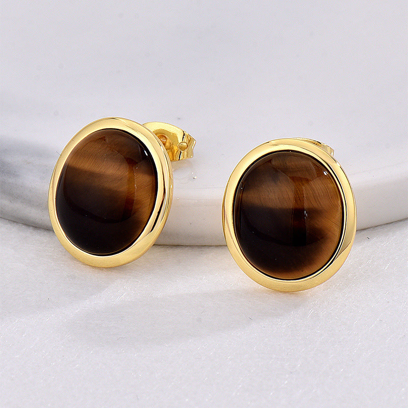 Gold-Plated Brass Round Tiger Eye Earrings featuring round detailing
