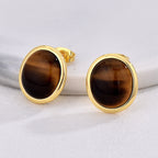 Gold-Plated Brass Round Tiger Eye Earrings featuring round detailing