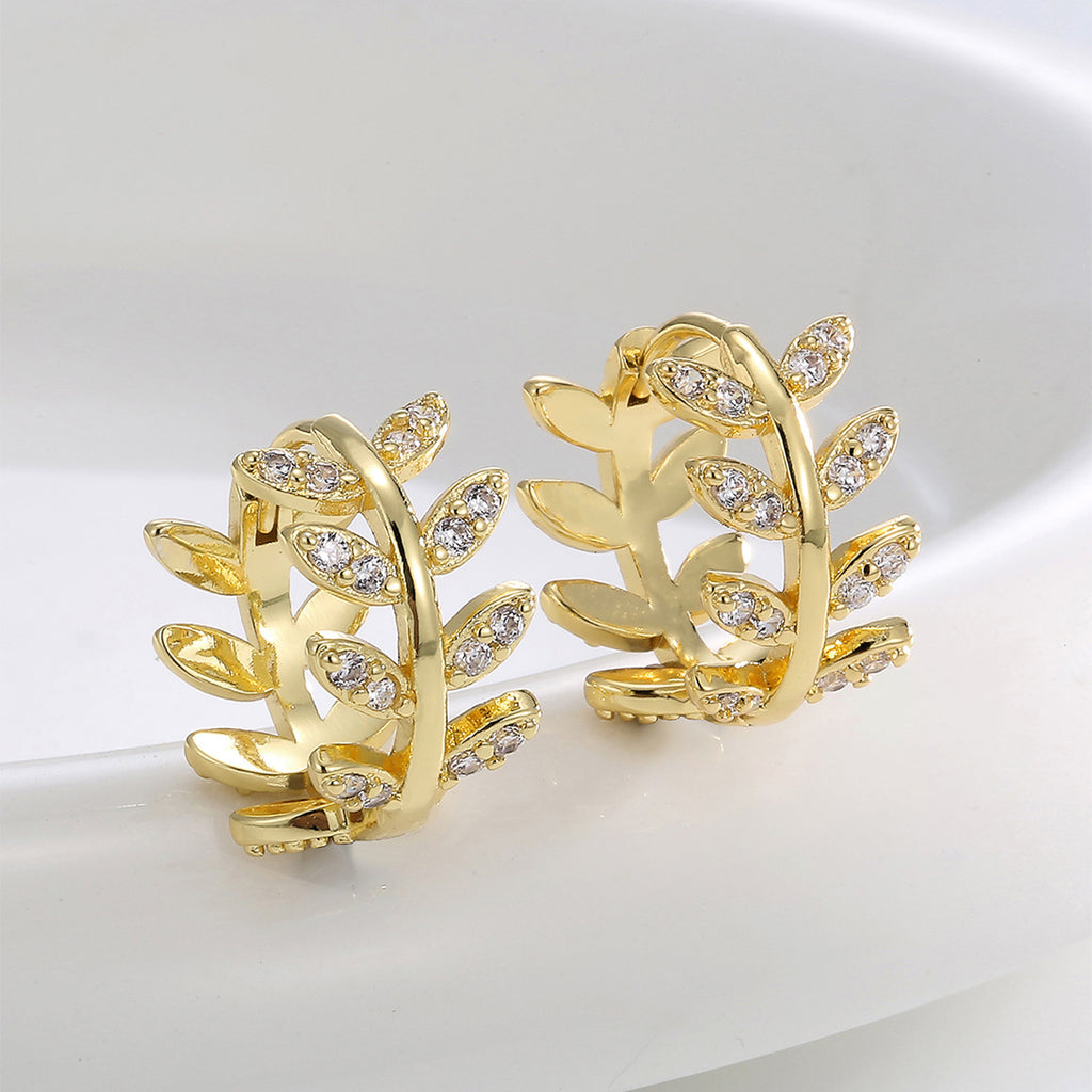 E0524 Fashion Wheat Ear Design Earrings for Women, Gold-Plated Olive Branch Zircon Autumn Winter Earrings