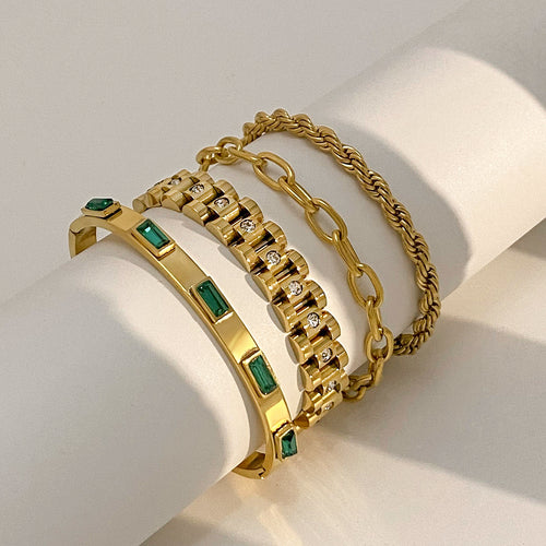 18K Gold-Plated Stainless Steel Bangle Bracelet with Cubic Zirconia Detail — front view