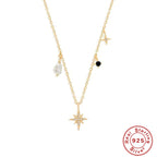 S925 Sterling Silver Octagonal Star Necklace With Diamonds And Pearl