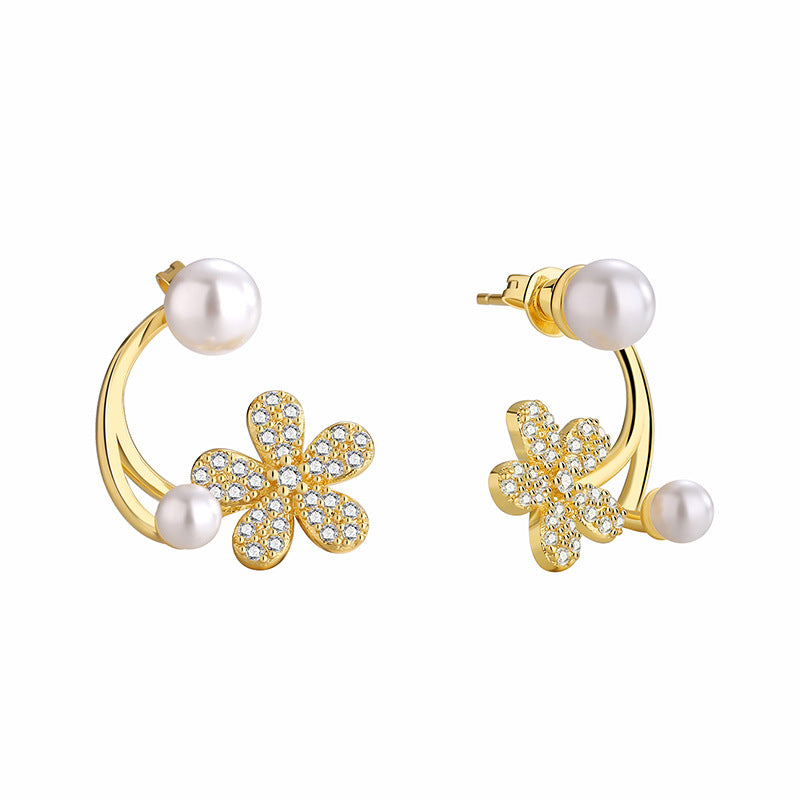 E0711 Fashion Flower Micro Inlaid Zircon Earrings for Women Simple Style Pearl Earrings