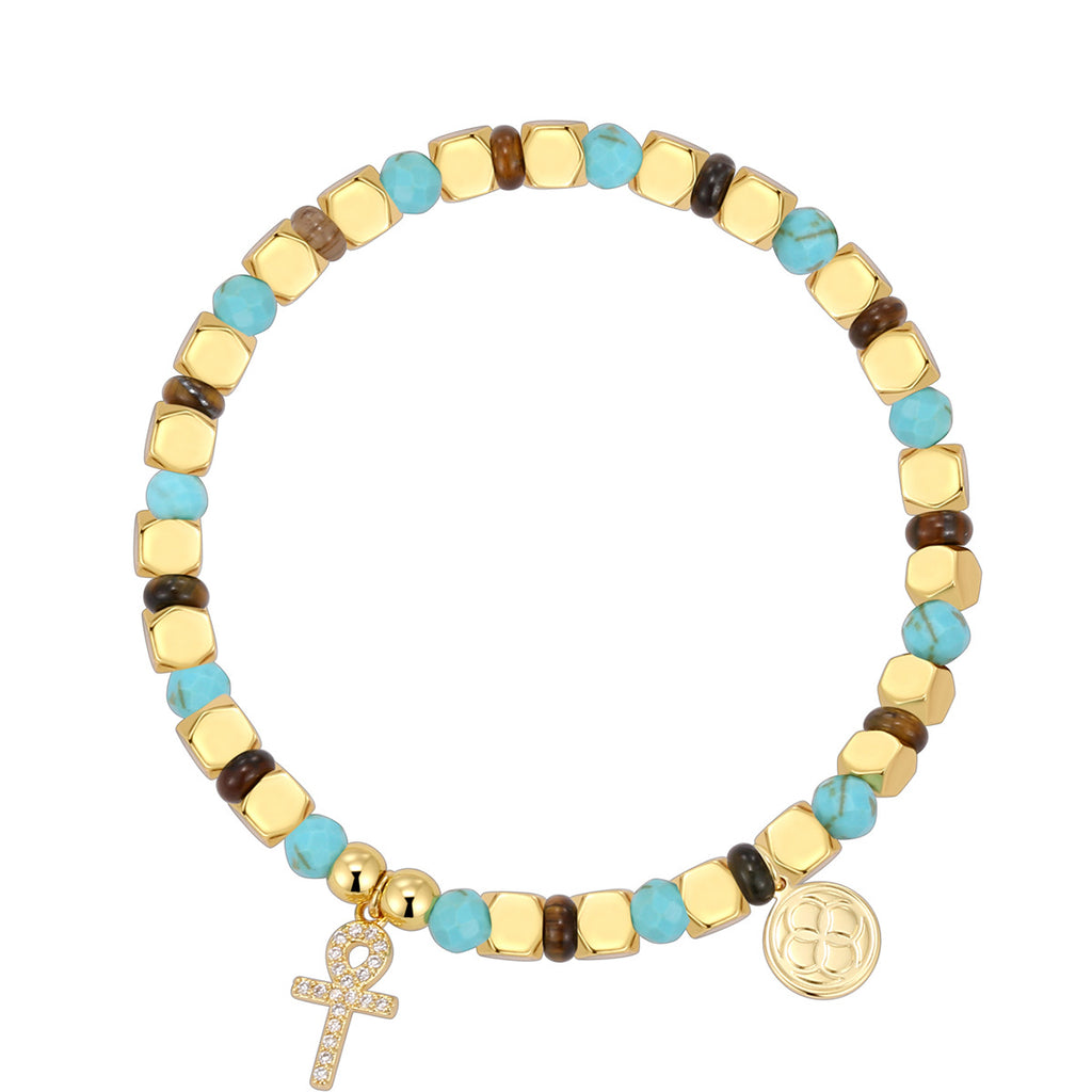 B0293 Geometric Cross Inlaid Zircon Beaded Blue Pine Tiger Eye Stone Bracelet