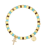 B0293 Geometric Cross Inlaid Zircon Beaded Blue Pine Tiger Eye Stone Bracelet