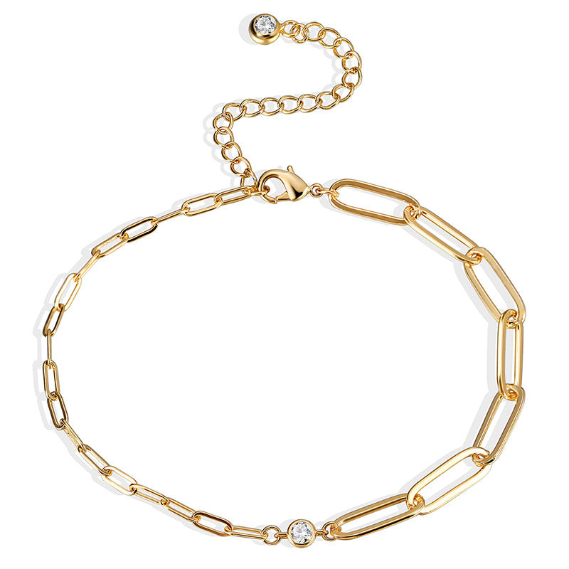 A0028 Asymmetric Beach Paperclip Micro Pave Zirconia Anklet for Women with a Sense of Design