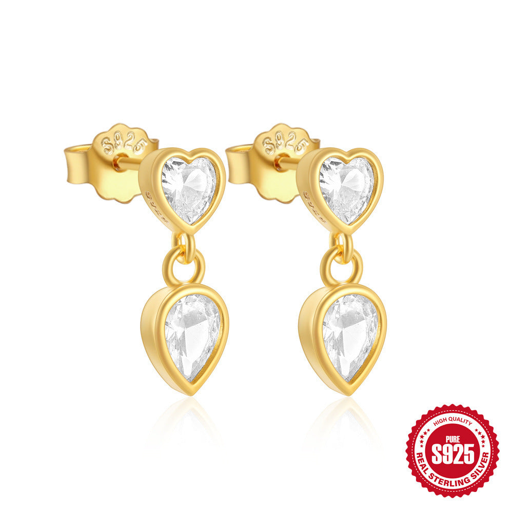 S925Sterling Silver Rose Flower Heart Diamond Stud Earrings for Women Korean Style Romantic Mini Petite Three-Dimensional Small Flower Ear Jewelry