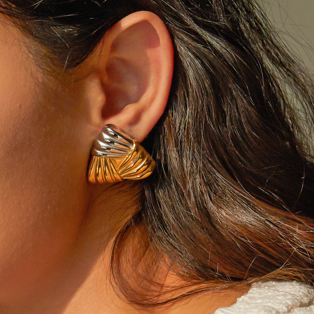 2H Trendy Geometry18k Gold Stainless Steel Woven Texture Color Block Triangle Stud Earrings Minimalist Earrings Cool Style
