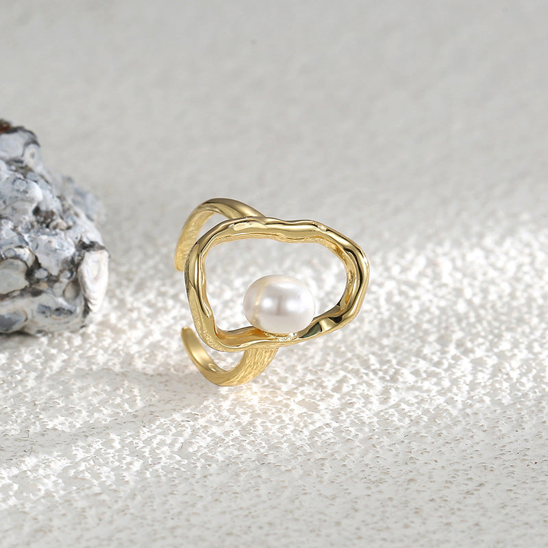 R0110 French Fashion Adjustable Ring Personality Open Ring Design Shell Pearl Ring for Women