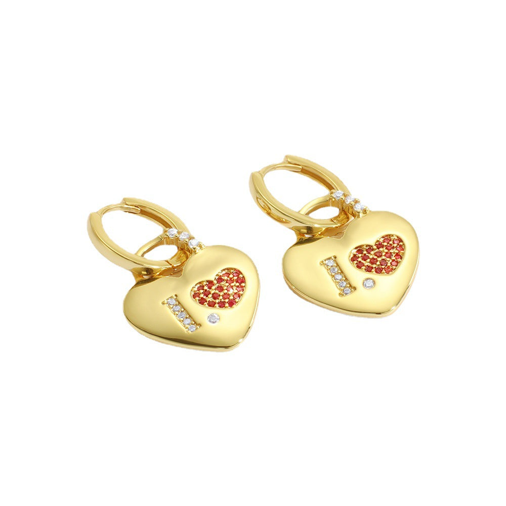 Gold-Plated Copper Lock Earrings Creative Heart-Shaped Earrings for Women with Zircon Inlay Peach Heart Earrings Style