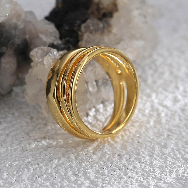 R0582 Fashion Design Sense Surround Ring for Women, Copper Plated with Real Gold, Minimalist Multi-layer