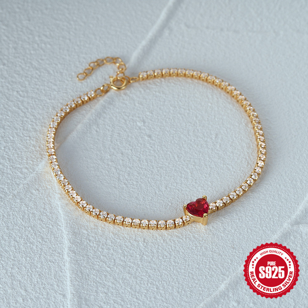 S925 Sterling Silver Tennis Ball CZ Bracelet Love Heart Design Women