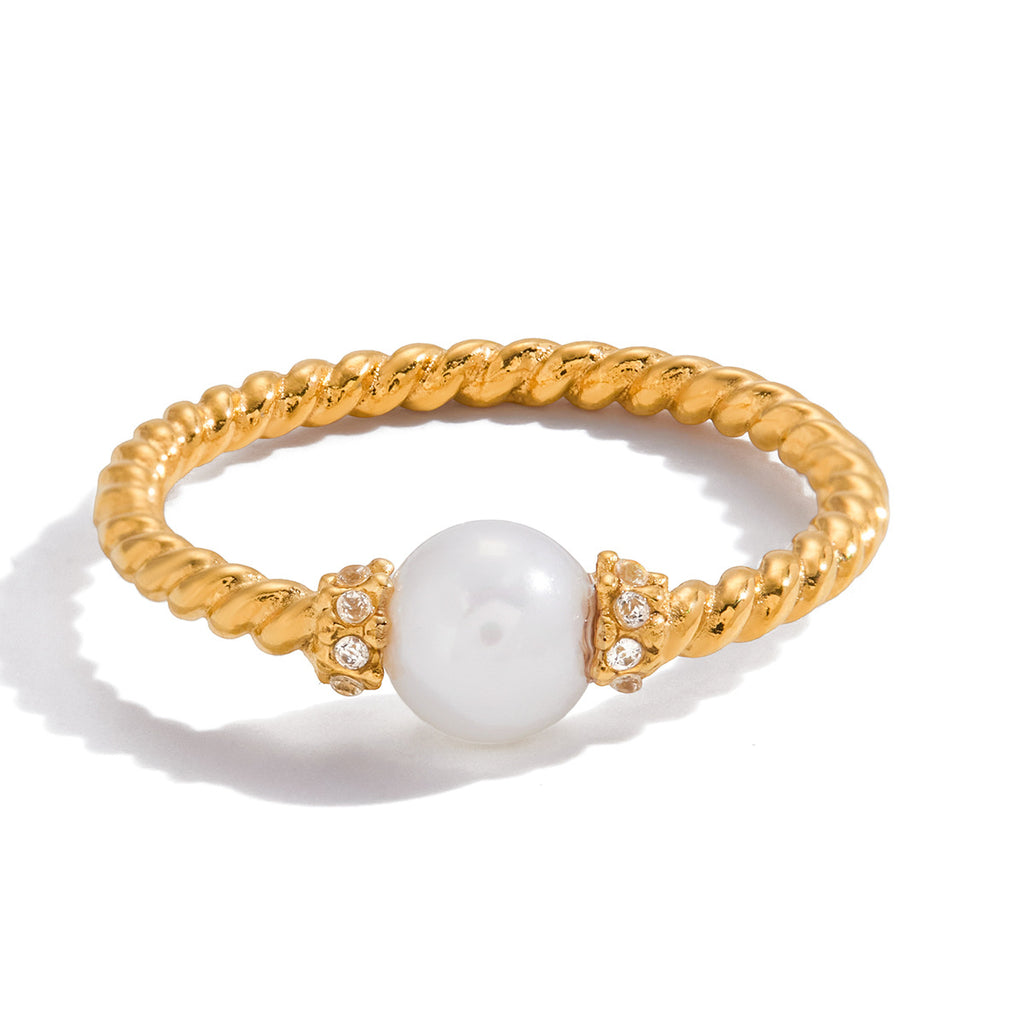 Stainless Steel Zircon Pearl Ring Non-Fading Jewelry for Women