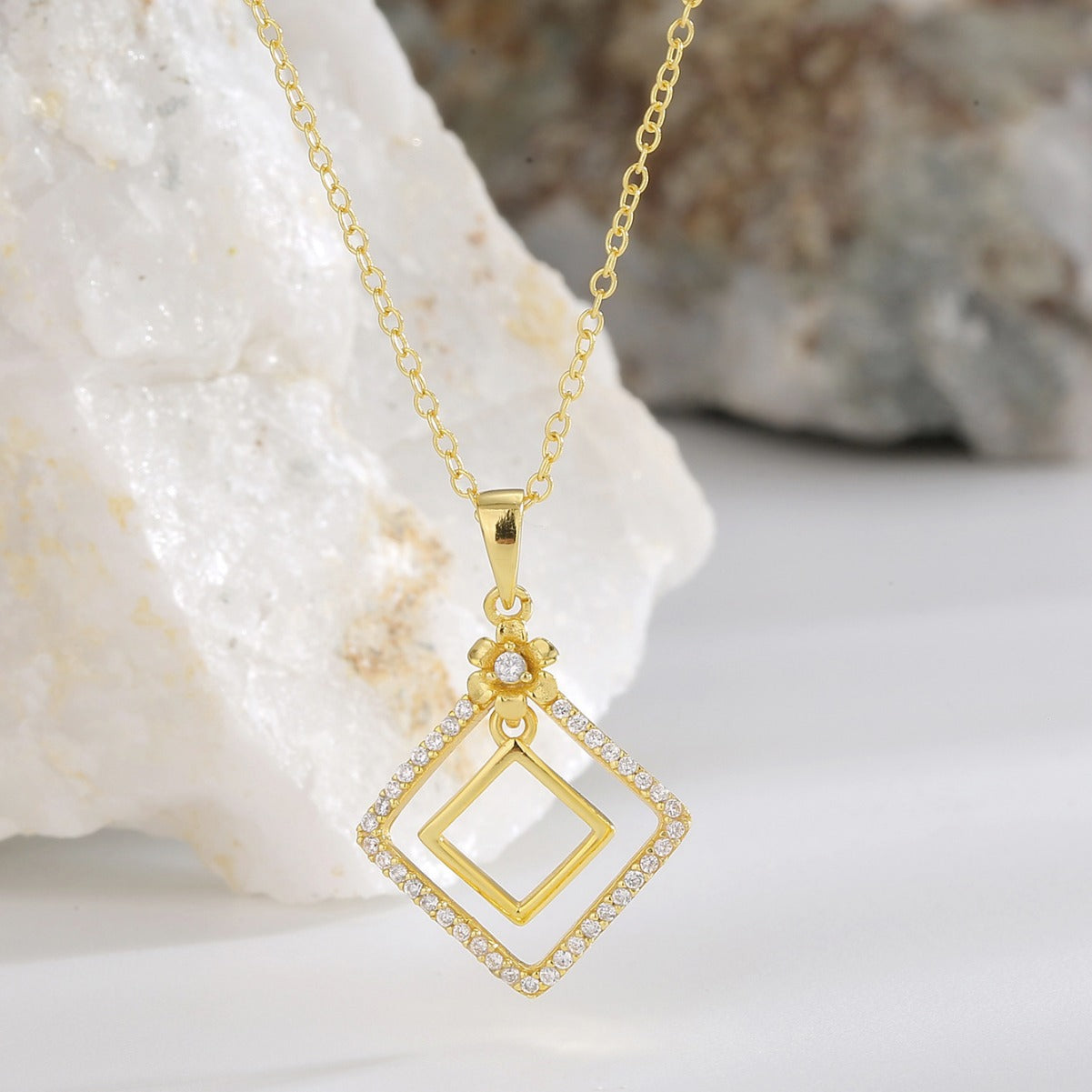 SN0009 S925 Silver Hollow Quadrilateral Pendant Necklace