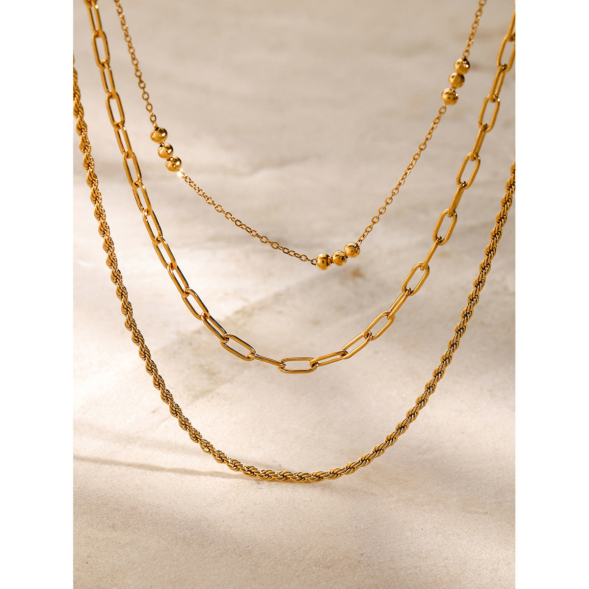 18K Gold Stainless Steel Triple Beaded Loop Chain Braided Chain Three-Layer Necklace Same Style Beach Jewelry