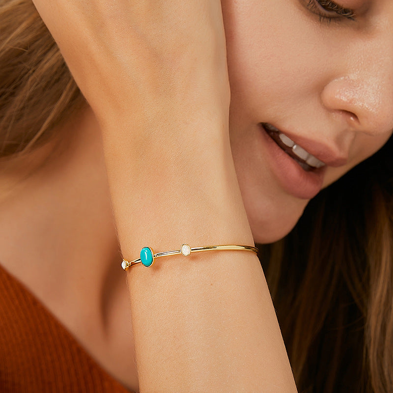 B0085 Geometric Minimalist Inlaid Opal Bracelet for Women Fashion Retro Turquoise Adjustable Open Bangle