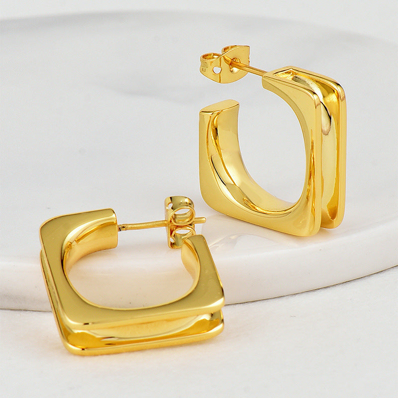 E0702 Geometric Square Fashion Earrings for Women Copper Plated Real Gold Smooth Earrings