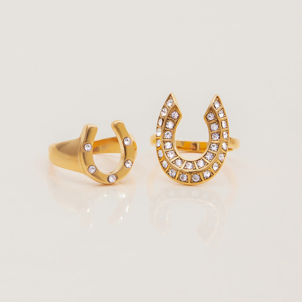 2H18K Gold and White Diamond Horseshoe-shaped Open Ring Non-fading Stainless Steel Jewelry ring