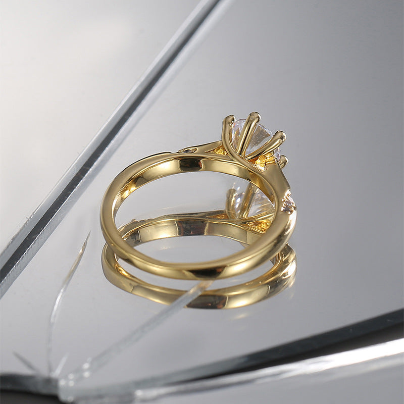 R0517 Simple Elegant Fashion Ring for Women Brass Gold-Plated Six-Prong Zircon Vintage Ring