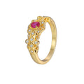 Gold-Plated Brass Sculptural Red CZ Ring with Cubic zirconia Detail styled for independent jewelry boutiques